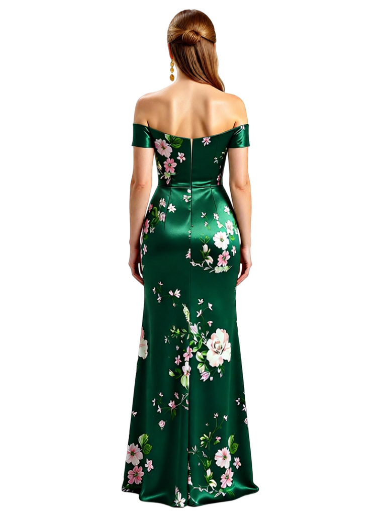 Simple Off Shoulder Side Slit Mermaid Long Satin Floral Formal Evening Dresses For Ladies