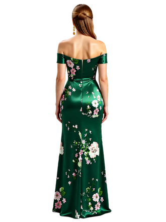 Simple Off Shoulder Side Slit Mermaid Long Satin Floral Formal Evening Dresses For Ladies