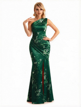 Sexy One Shoulder Side Slit Mermaid Long Satin Floral Formal Dresses For Women