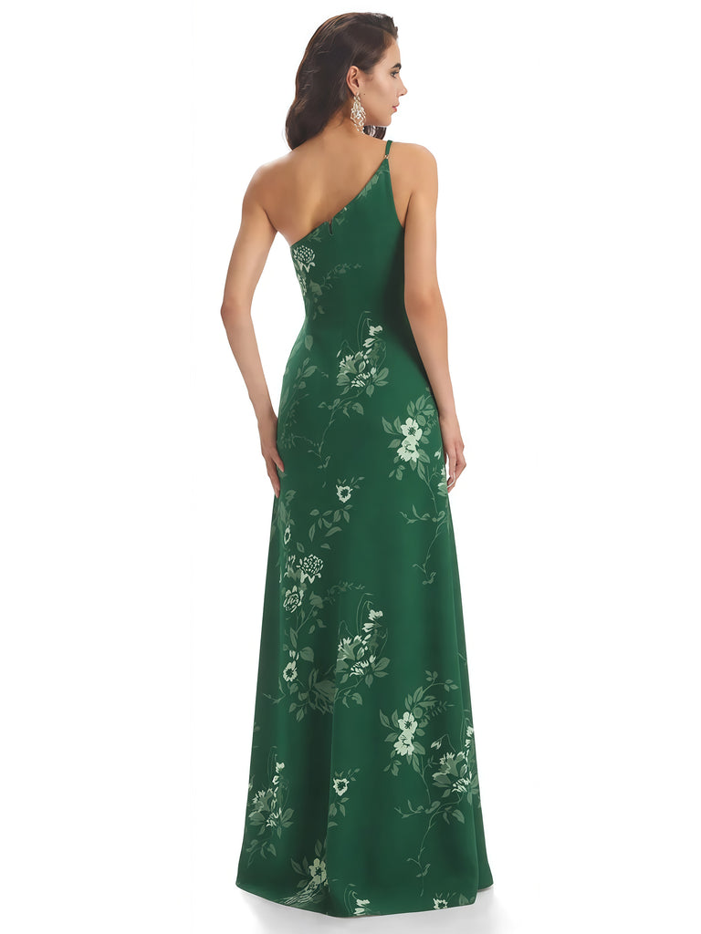 Elegant One Shoulder Mermaid Long Satin Floral Formal Dresses For Women