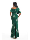 Elegant Half Sleeves Side Slit Mermaid Floral Satin Maxi Floral Formal Dresses For Women