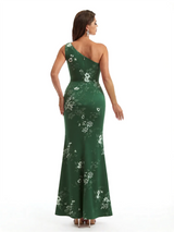 Simple One Shoulder Side Slit Mermaid Floral Satin Maxi Floral Formal Dresses For Women