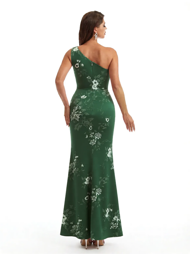 Simple One Shoulder Side Slit Mermaid Floral Satin Maxi Floral Formal Dresses For Women