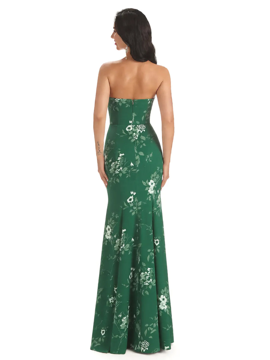 Sexy Sweetheart Side Slit Mermaid Long Satin Floral Formal Dresses For Women