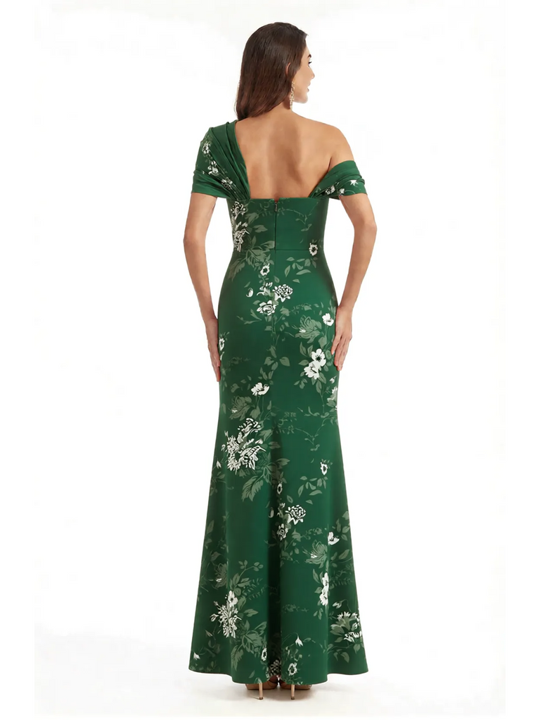 Elegant Asymmetrical Side Slit Mermaid Long Satin Floral Formal Dresses For Women