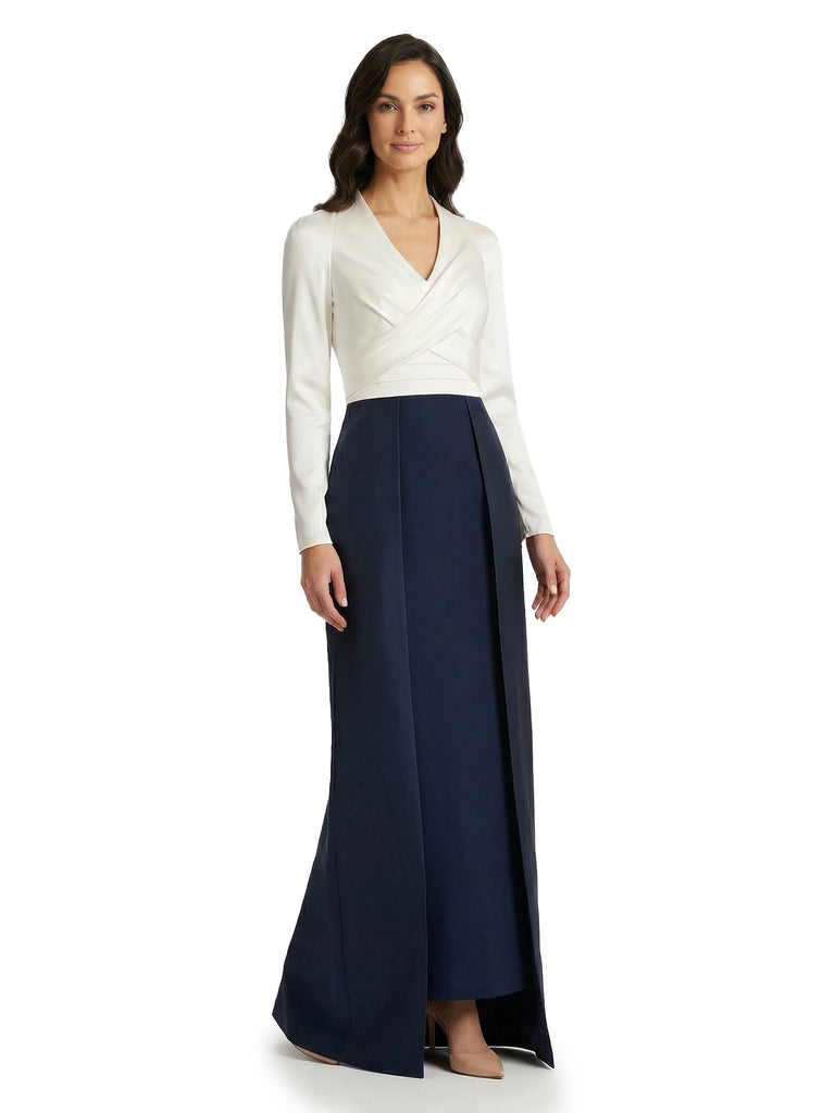 ChicSew Modern Satin V-Neck Long Sleeves Mother Of The Groom Overskirt Formal Evening Dress