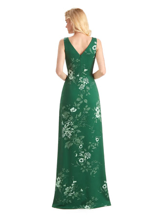 Beautiful V-Neck Mermaid Floral Satin Maxi Floral Formal Dresses For Women