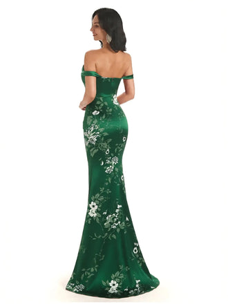 Trendy Off Shoulder Mermaid Floral Satin Maxi Floral Evening Formal Dresses