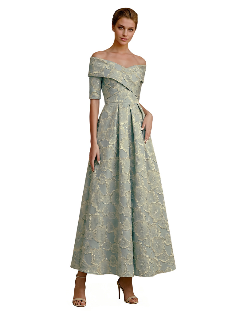 ChicSew Floral Maxi Dress Formal Elegant Floral Jacquard Off Shoulder Tea-Length Formal Evening Dresses, Lake-Blue
