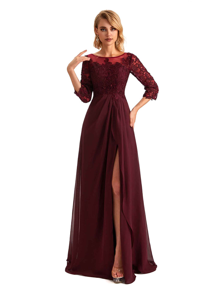 Elegant Side Slit Chiffon 3/4 Sleeves A-line Long Mother of the Brides Dresses