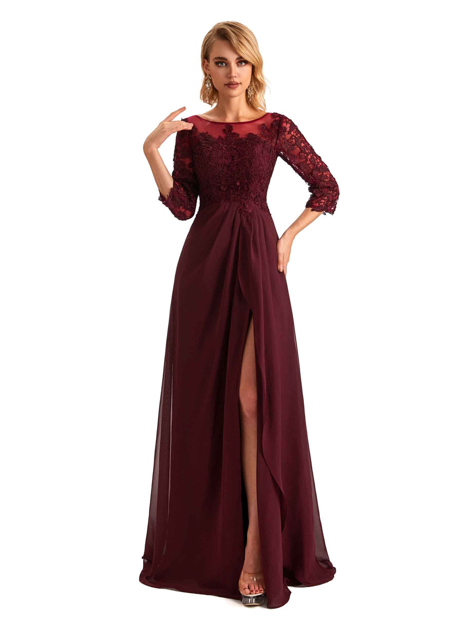Elegant Side Slit Chiffon 3/4 Sleeves A-line Long Mother of the Brides Dresses