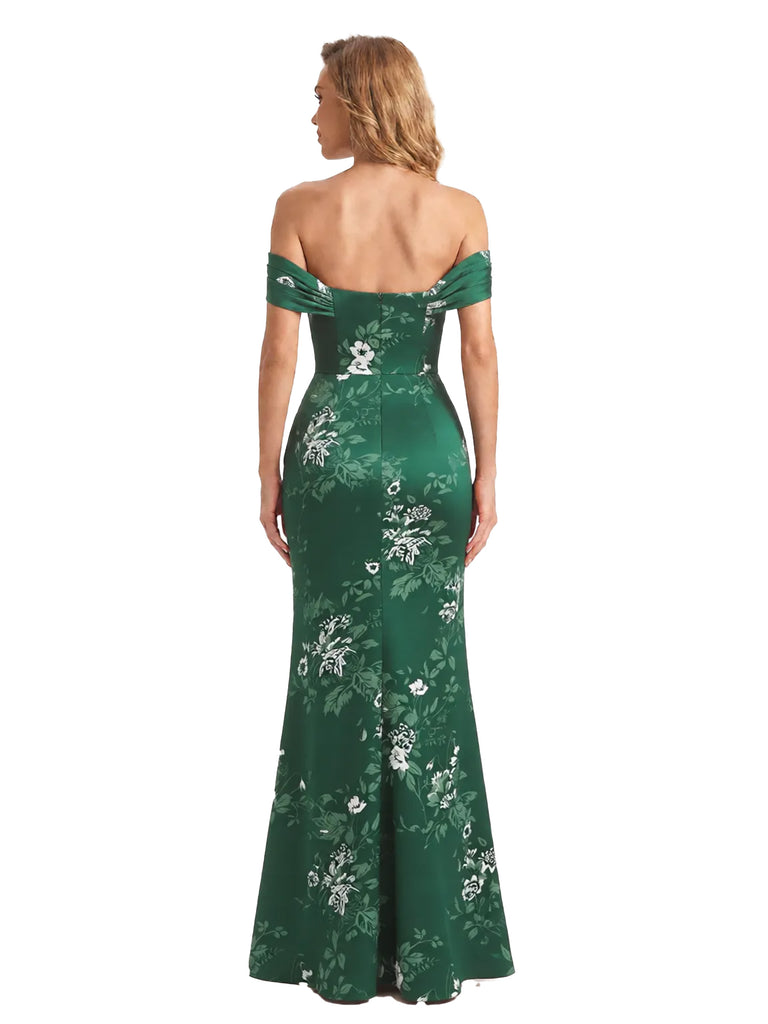 Trendy Off Shoulder Side Slit Mermaid Long Satin Floral Formal Evening Dresses For Ladies