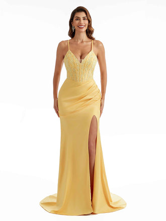 Long V-Neck Sexy Soft Satin Side Slit Spaghetti Straps Criss Cross  Mermaid Bridesmaid Dresses Online