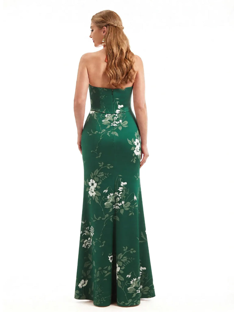 Beautiful Halter Side Slit Mermaid Floral Satin Maxi Floral Formal Dresses For Women