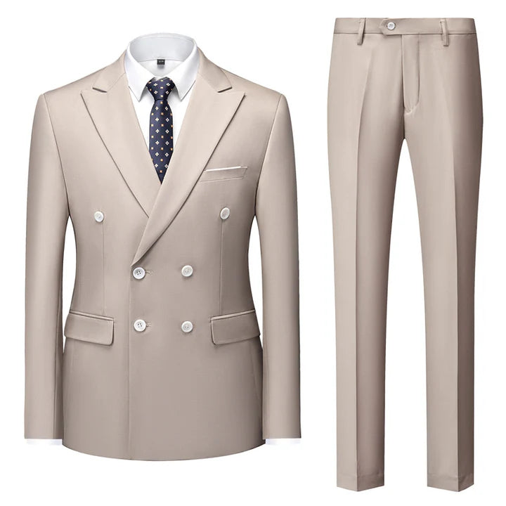 Beige Casual Men's Suit Slim Fit Double Breasted 2 Piece Business Tuxedos CN482