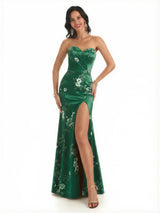 Sexy Sweetheart Side Slit Mermaid Long Satin Floral Formal Dresses For Women