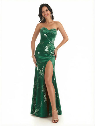 Sexy Sweetheart Side Slit Mermaid Long Satin Floral Formal Dresses For Women