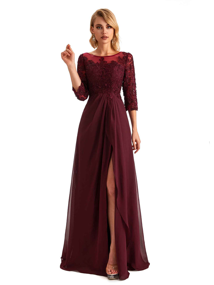 Elegant Side Slit Chiffon 3/4 Sleeves A-line Long Mother of the Brides Dresses