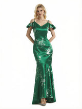 Beautiful Mermaid Cold Shoulder Floral Satin Maxi Floral Formal Dresses For Women