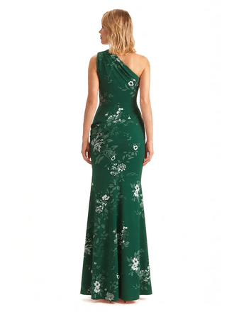 Sexy One Shoulder Side Slit Mermaid Long Satin Floral Formal Dresses For Women