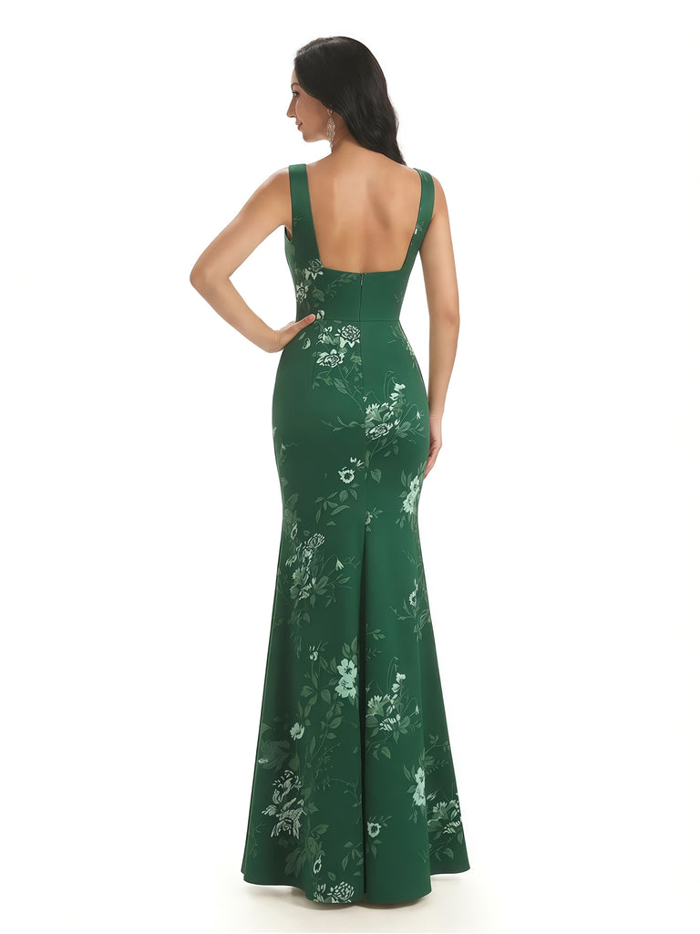 Elegant Spaghetti Straps Square Mermaid Long Satin Floral Formal Evening Dresses For Ladies