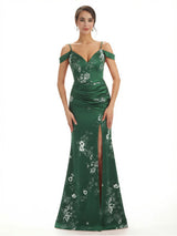 Trendy Cold Shoulder Side Slit Mermaid Floral Satin Maxi Floral Formal Dresses For Ladies