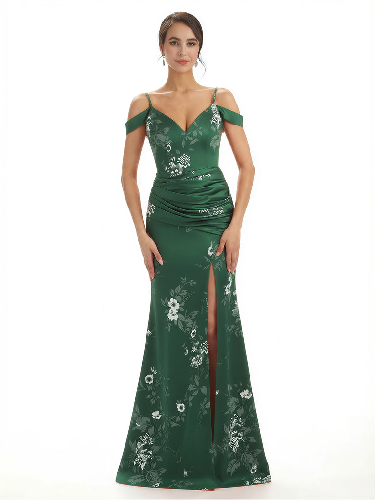 Trendy Cold Shoulder Side Slit Mermaid Floral Satin Maxi Floral Formal Dresses For Ladies