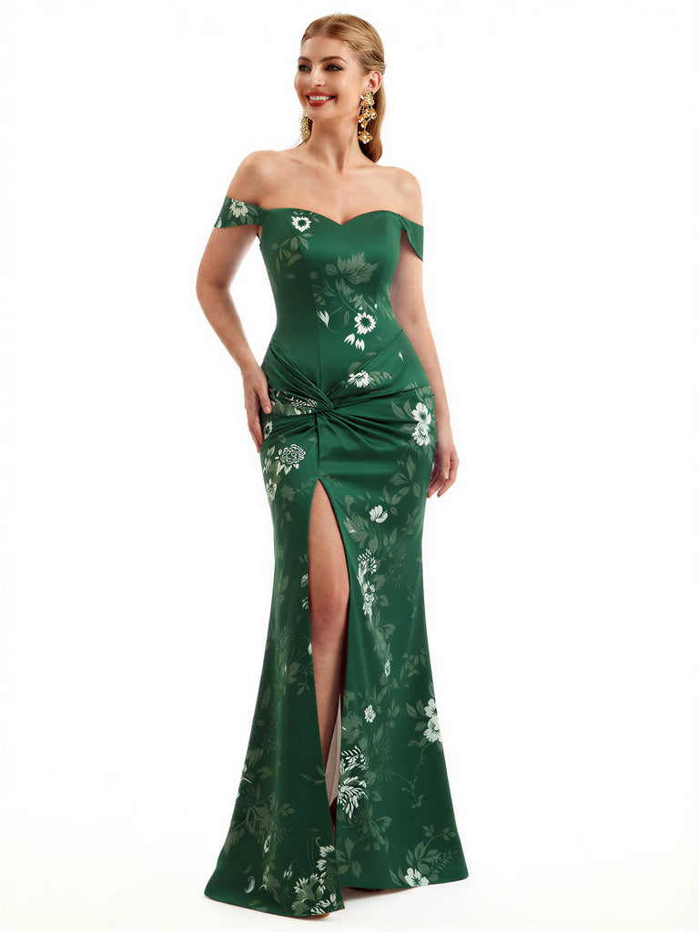 Beautiful Off Shoulder Side Slit Mermaid Floral Satin Maxi Floral Formal Dresses For Women