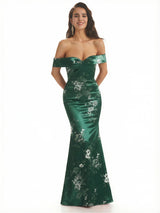 Elegant Off Shoulder Mermaid Floral Satin Maxi Floral Formal Evening Dresses
