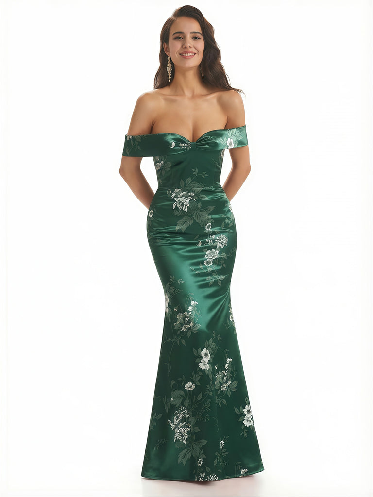 Elegant Off Shoulder Mermaid Floral Satin Maxi Floral Formal Evening Dresses