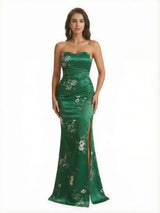 Trendy Sweetheart Strapless Side Slit Mermaid Long Satin Floral Formal Dresses For Women