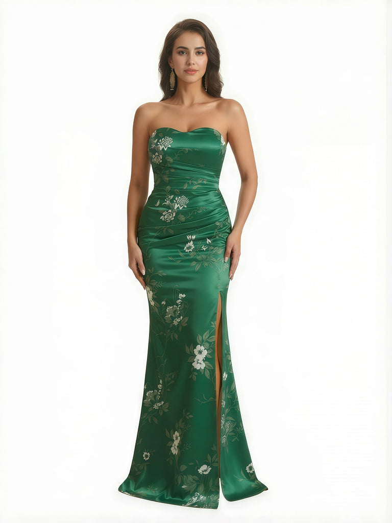 Trendy Sweetheart Strapless Side Slit Mermaid Long Satin Floral Formal Dresses For Women