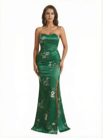 Trendy Sweetheart Strapless Side Slit Mermaid Long Satin Floral Formal Dresses For Women