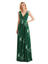 Beautiful V-Neck Mermaid Floral Satin Maxi Floral Formal Dresses For Women