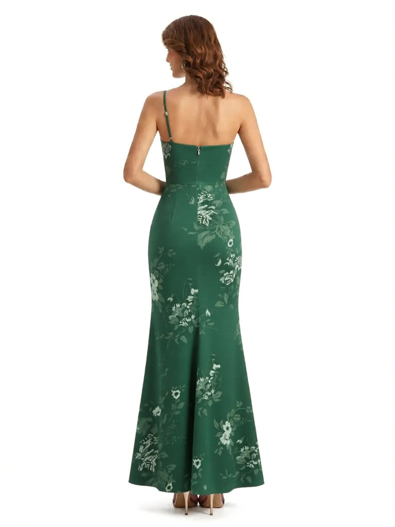 Simple One Shoulder Side Slit Sleeveless Mermaid Floral Satin Maxi Floral Formal Dresses For Women