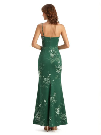 Simple One Shoulder Side Slit Sleeveless Mermaid Floral Satin Maxi Floral Formal Dresses For Women