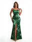 Simple Spaghetti Straps Slit Mermaid Floral Satin Maxi Floral Formal Dresses For Women