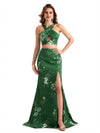 Beautiful Mermaid Halter Two Pieces Floral Satin Maxi Floral Formal Dresses For Women