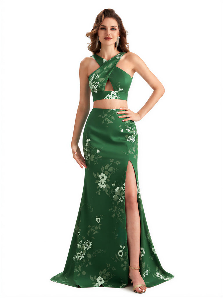 Beautiful Mermaid Halter Two Pieces Floral Satin Maxi Floral Formal Dresses For Women
