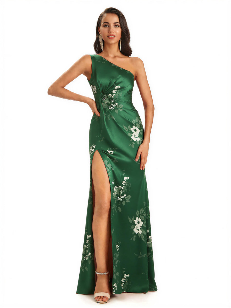 Elegant One Shoulder Mermaid Side Slit Long Satin Floral Formal Dresses For Women