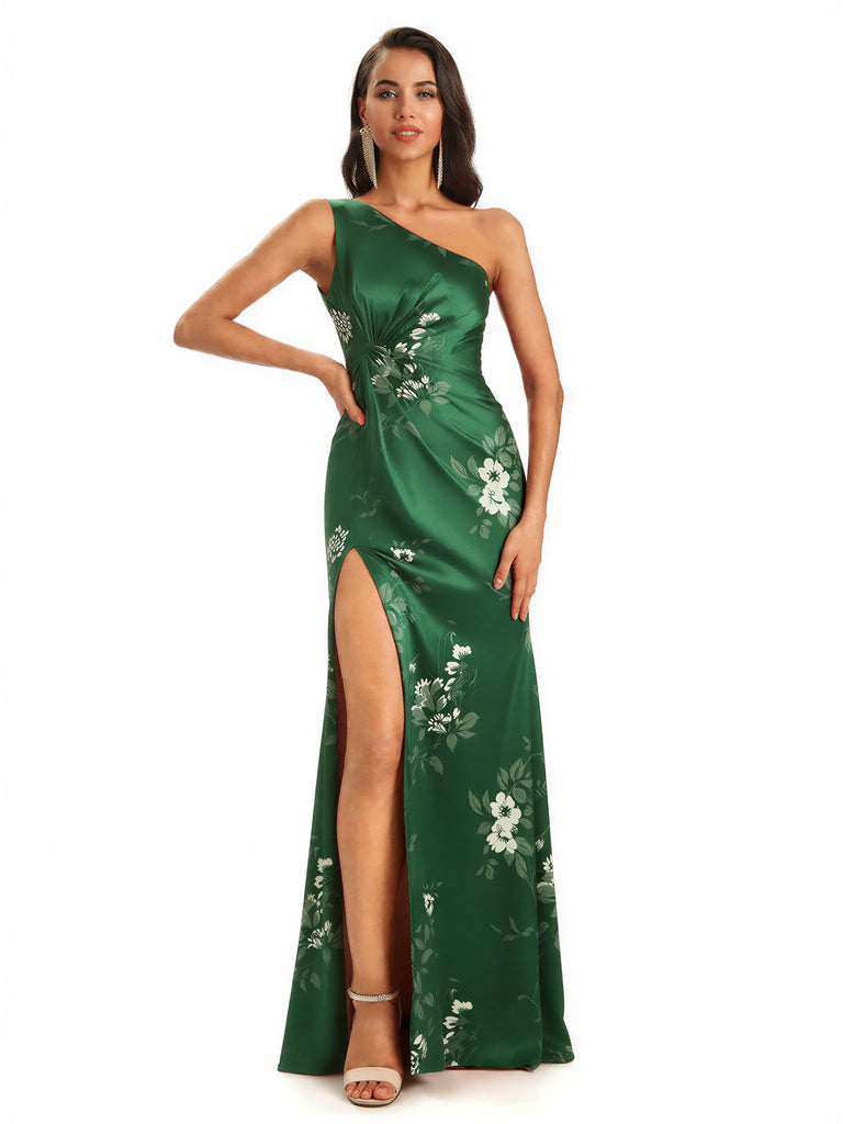 Elegant One Shoulder Mermaid Side Slit Long Satin Floral Formal Dresses For Women