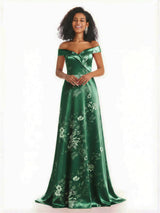 Trendy Off Shoulder A-Line Long Floral Satin Women Formal Evening Dresses