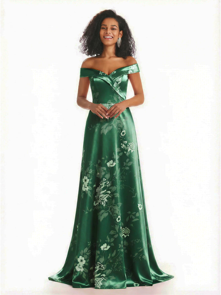 Trendy Off Shoulder A-Line Long Floral Satin Women Formal Evening Dresses - ChicSew Trendy Off Shoulder A-Line Long Floral Satin Women Formal Evening Dresses - ChicSew