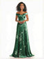 Trendy Off Shoulder A-Line Long Floral Satin Women Formal Evening Dresses