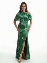Elegant Half Sleeves Side Slit Mermaid Floral Satin Maxi Floral Formal Dresses For Women