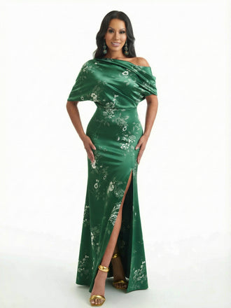 Elegant Half Sleeves Side Slit Mermaid Floral Satin Maxi Floral Formal Dresses For Women