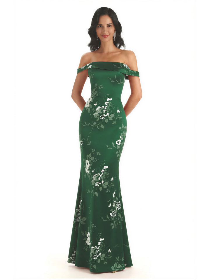 Trendy Off Shoulder Mermaid Floral Satin Maxi Floral Evening Formal Dresses