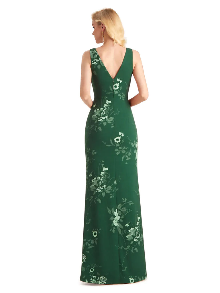 Beautiful Mermaid V-Neck Floral Satin Maxi Floral Formal Dresses For Women
