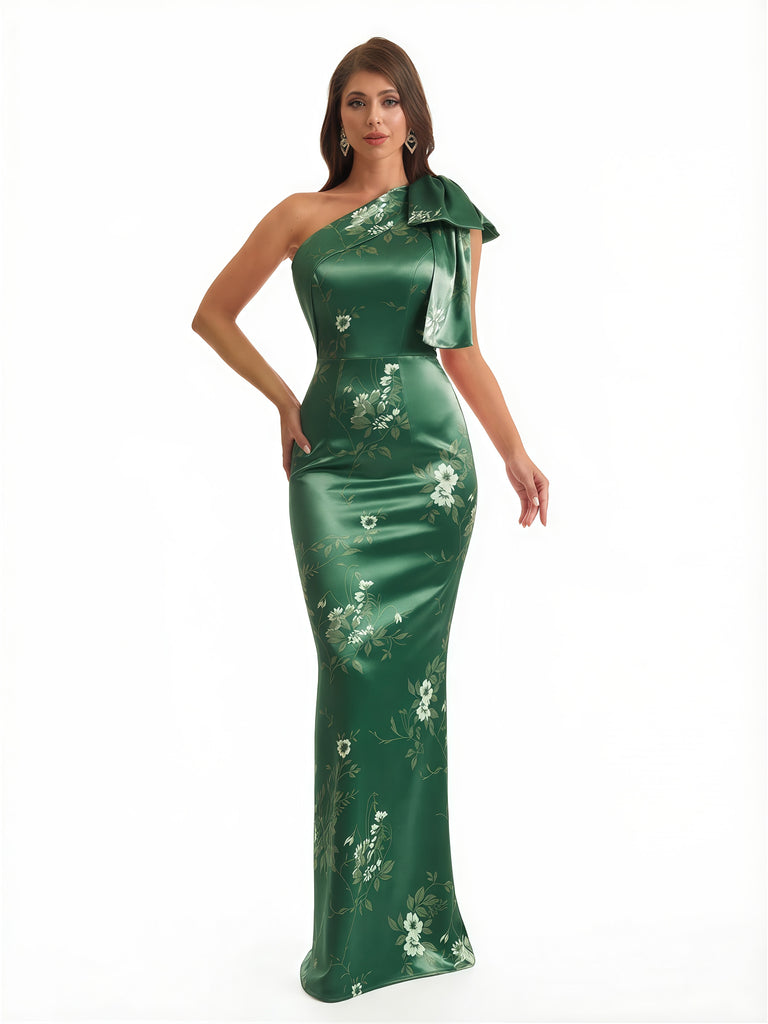Elegant One Shoulder Mermaid Long Satin Floral Formal Dresses For Women With Back Slit