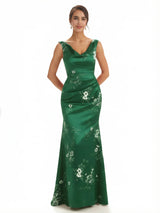 Trendy V-Neck Mermaid Floral Satin Maxi Floral Formal Evening Dresses For Women